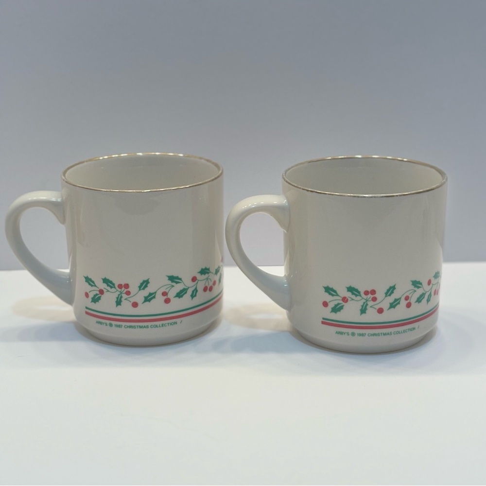 Arby’s 1987 Christmas Collection White Mugs with Holly Design
